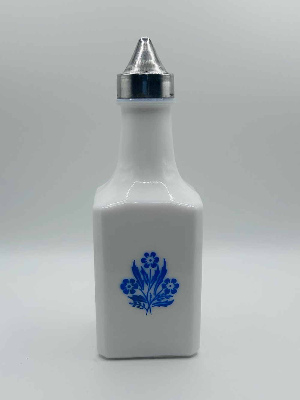 Vintage Milk Glass Oil Vinegar Dispenser | Blue Cornflower Floral Cruet (MCM)